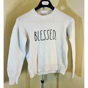 Rae Dunn "Blessed" White Knit Crewneck Sweater - Size S/P